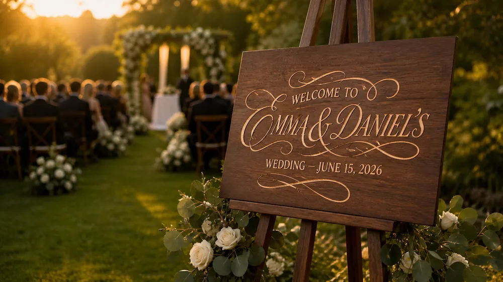 Custom wood wedding welcome sign with ornate script lettering on walnut easel surrounded by white roses at outdoor garden ceremony at golden hour