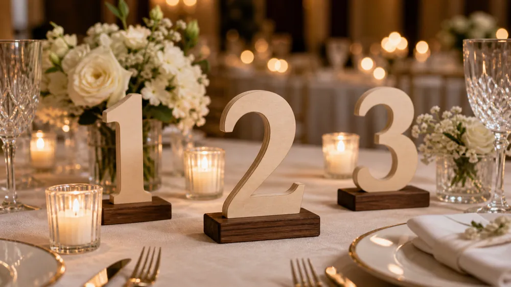 Custom laser-cut Baltic birch wood table numbers 1 2 3 on walnut bases at wedding banquet table with crystal stemware white roses and votive candles