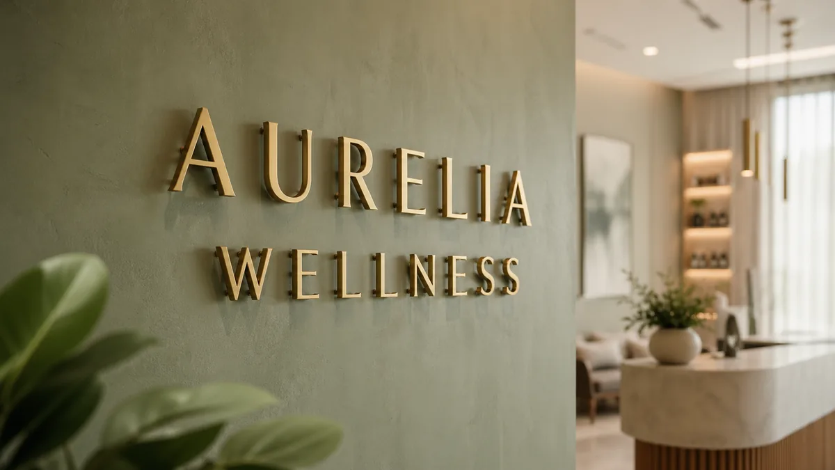 Champagne gold dimensional 3D letters with pin standoffs casting natural shadows on sage-green plaster reception wall — Lumberthing fabrication, Los Angeles