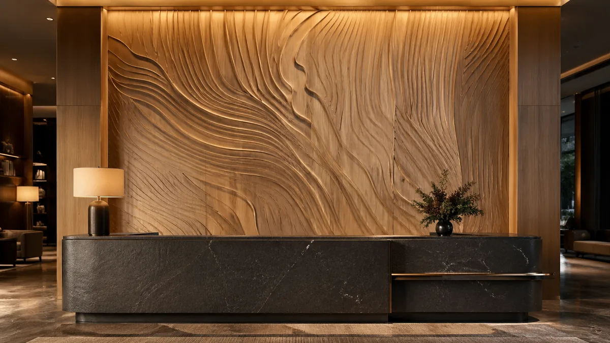 CNC-carved textured wood 3D wall panel with organic flowing ridges behind dark stone reception desk in luxury hotel — Lumberthing fabrication, Los Angeles