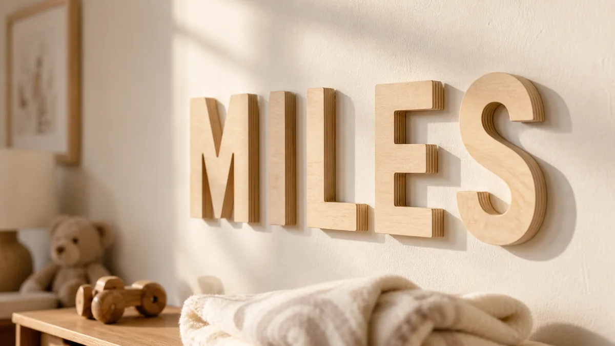 Individual Baltic birch wood letters spelling "MILES" in bold sans-serif on a nursery wall above a wooden shelf with toys — Lumberthing custom wood letters