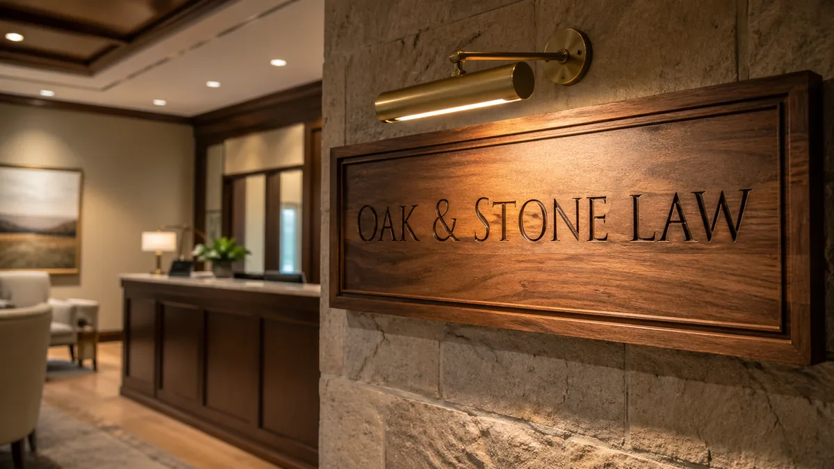 CNC-carved walnut lobby sign with engraved logo, brass picture light, mounted on textured limestone wall in law office — Lumberthing fabrication, Los Angeles