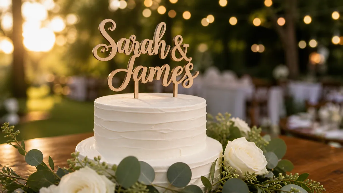 Custom laser-cut Baltic birch wood cake topper with flowing cursive script "Sarah & James" on a two-tier white wedding cake at a golden-hour outdoor reception — Lumberthing wedding cake toppers