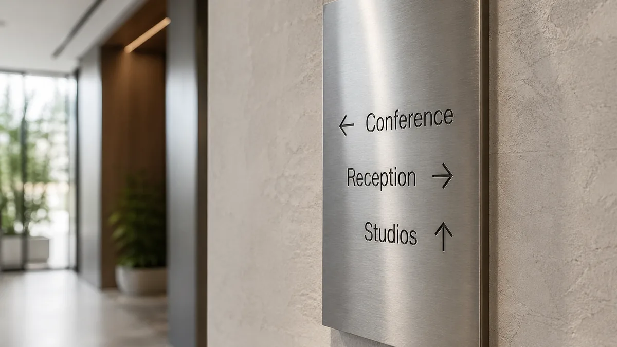 Modern interior wayfinding directional sign with brushed metal panel mounted on textured plaster wall in corporate office hallway with arrows and clean engraved sans-serif lettering — Lumberthing fabrication, Los Angeles