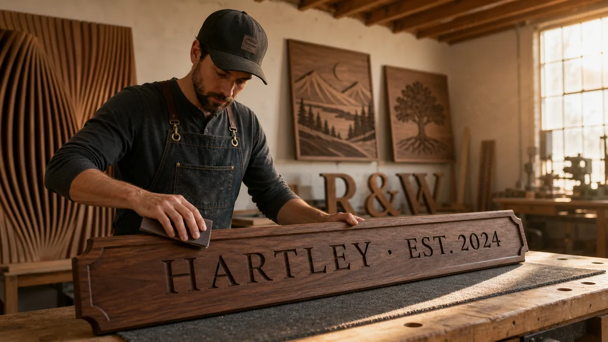 Craftsman sanding a custom carved walnut family name sign HARTLEY EST. 2024 in Lumberthing wood fabrication workshop with warm afternoon light, Los Angeles