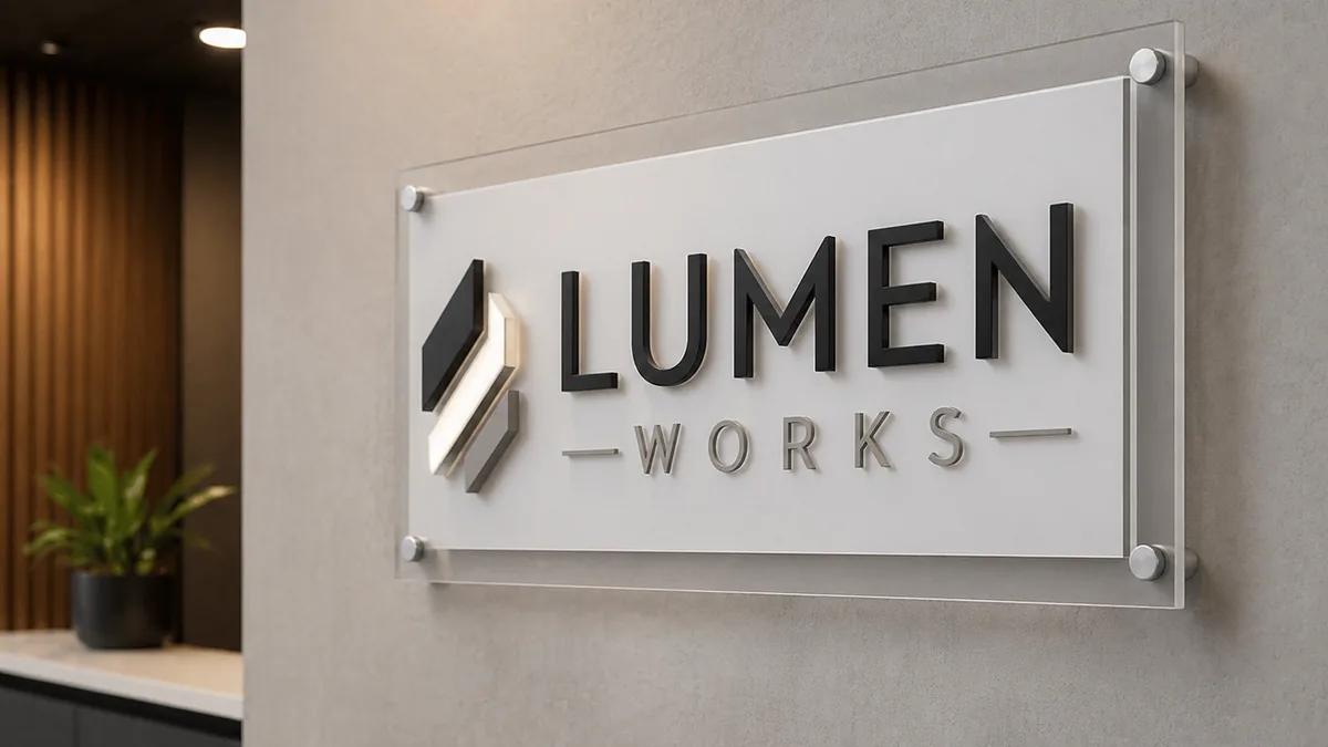 Custom dimensional acrylic lobby sign with brushed metal letters and standoff mounts — Lumberthing fabrication, Los Angeles