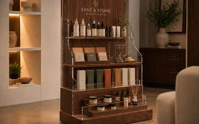 Custom walnut and acrylic retail display stand for skincare brand with branded headboard
